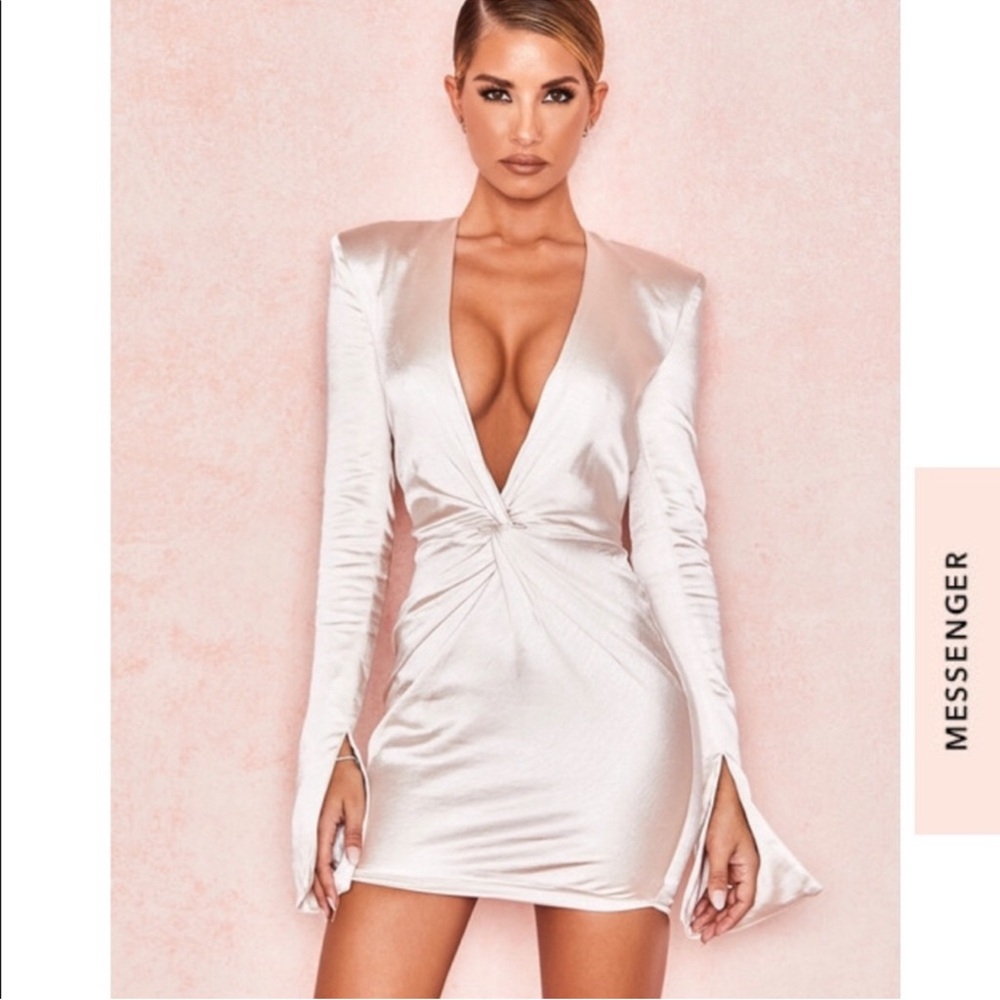 House of CB Naia Champagne Satin Plunge Mini Dress Large